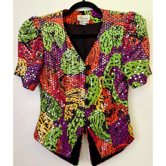 Vintage 80's Rimini Colorful Green Purple Puff Sleeve Blazer Jacket Formal Small - Picture 1 of 5